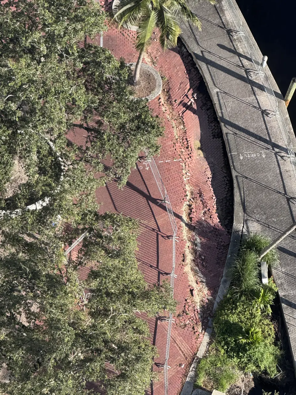 Overhead view of the barricaded section of Riverwalk North.